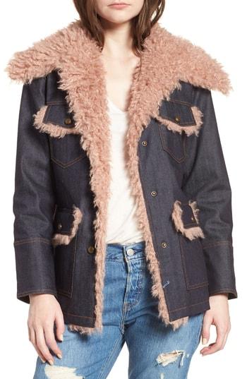 Women's Avec Les Filles Denim & Faux Shearling Trucker Jacket, Size - Blue