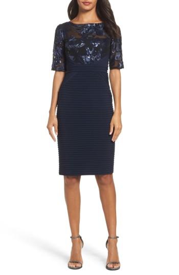 Petite Women's Adrianna Papell Floral Sequin & Jersey Sheath Dress P - Blue