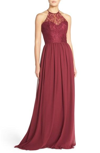 Women's Hayley Paige Occasions Lace & Chiffon Halter Gown