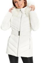 Women's Wallis Water Repellent Quilted Puffer Coat With Faux Fur Trim - White