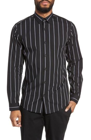 Men's Calibrate Slim Fit Mini Collar Stripe Sport Shirt - Black