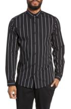 Men's Calibrate Slim Fit Mini Collar Stripe Sport Shirt - Black
