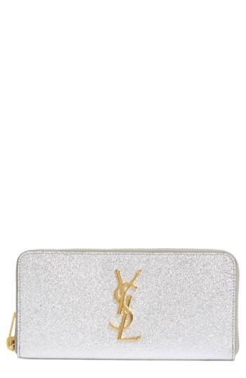Women's Saint Laurent 'monogram - Metallic' Zip Around Leather Wallet - Metallic