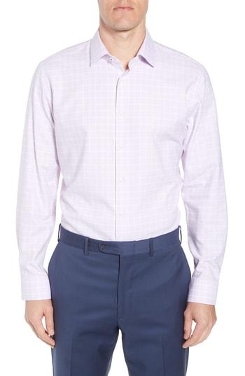 Men's Nordstrom Men's Shop Tech-smart Trim Fit Stretch Windowpane Dress Shirt .5 32/33 - Pink