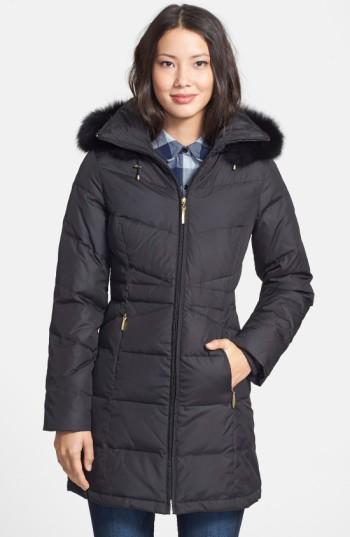 Petite Women's Ellen Tracy Genuine Fox Fur Trim Down Parka, Size P - Black