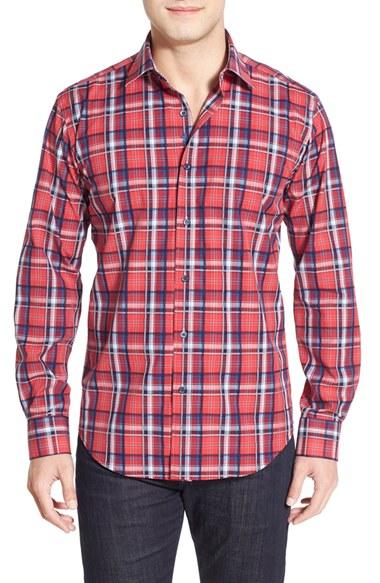 Men's Bugatchi Shaped Fit Plaid Sport Shirt - Red