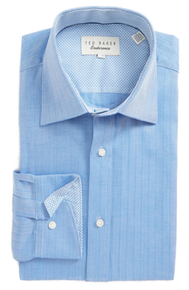 Men's Ted Baker London Endurance Trim Fit Herringbone Dress Shirt .5 - 32/33 - Blue