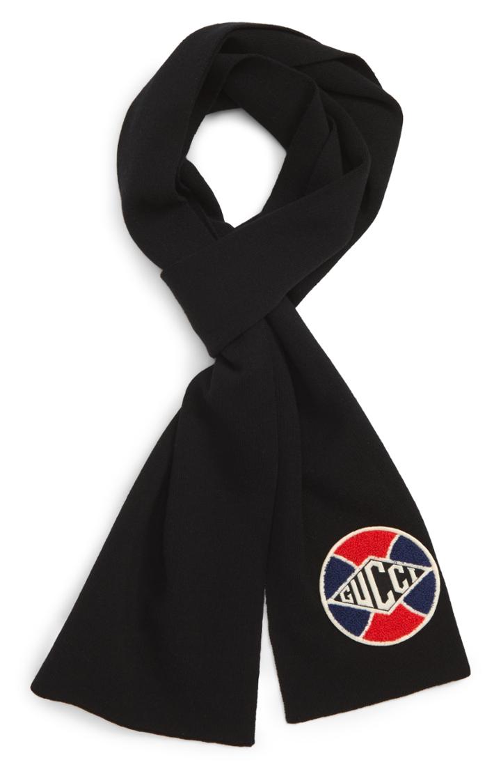 Men's Gucci Logo Patch Wool Scarf, Size - Black