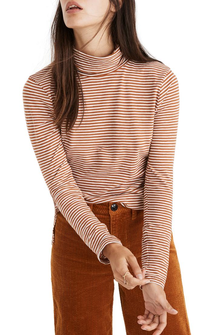 Women's Madewell Stripe Whisper Cotton Turtleneck, Size - Red