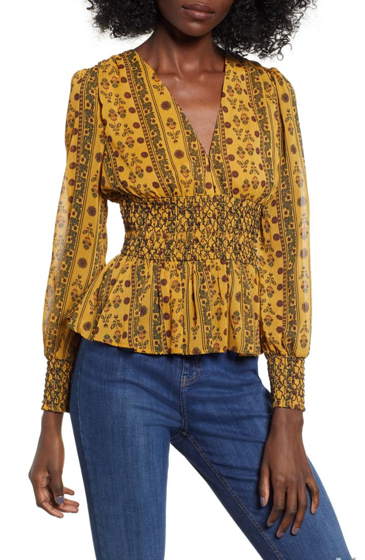 Women's Moon River Floral Print Smock Waist Blouse - Yellow