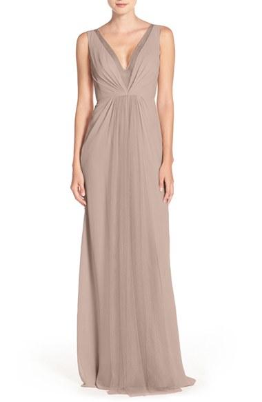 Women's Monique Lhuillier Bridesmaids Deep V-neck Chiffon & Tulle Gown - Grey