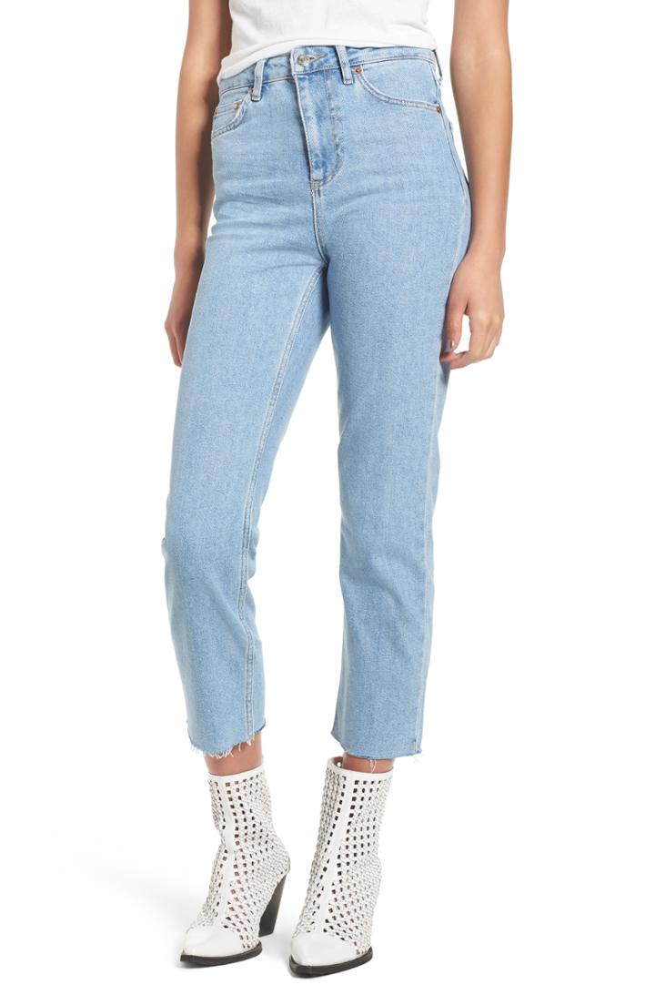 Women's Topshop Raw Hem Straight Leg Jeans W X 30l (fits Like 27w) - Blue