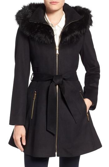 Women's Laundry By Shelli Segal Belted Fit & Flare Coat With Faux Fur Trim - Black