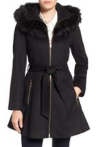 Women's Laundry By Shelli Segal Belted Fit & Flare Coat With Faux Fur Trim - Black