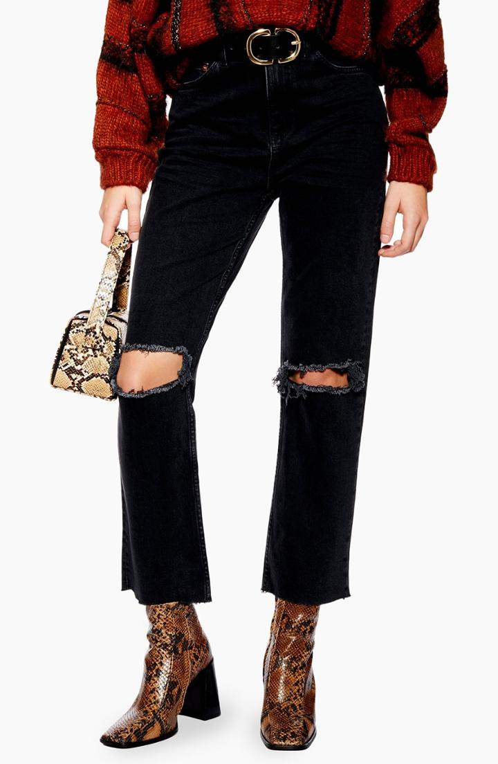 Women's Topshop Ripped Straight Leg Jeans W X 30l (fits Like 24w) - Black