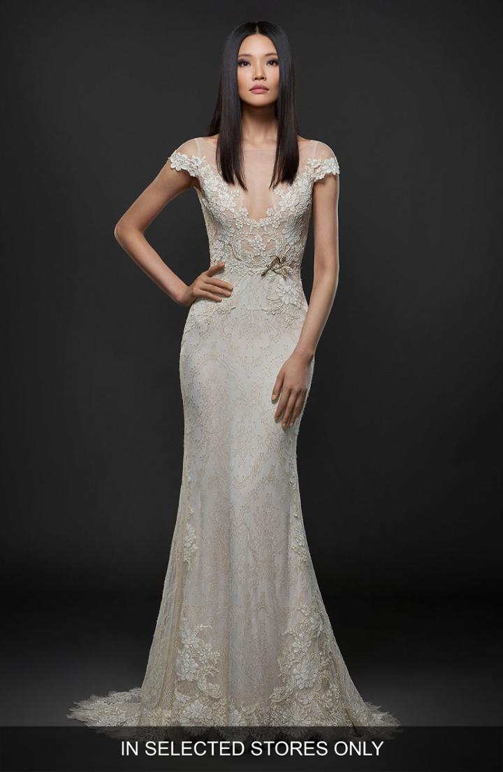 Women's Lazaro Embroidered Lace Cap Sleeve Gown, Size - Ivory