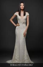 Women's Lazaro Embroidered Lace Cap Sleeve Gown, Size - Ivory