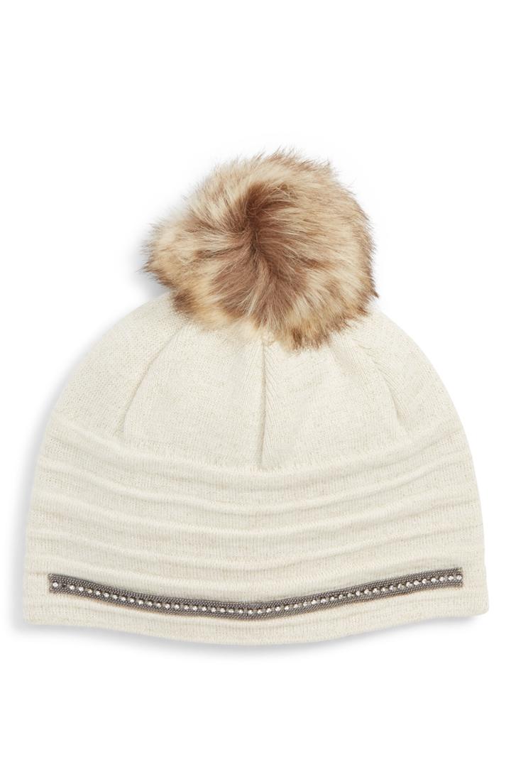 Women's Badgley Mischka Stitch Faux Fur Pom Beanie - White