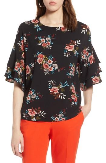 Women's Halogen Ruffle Sleeve Print Top, Size - Black