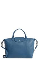 Longchamp Medium 'le Pliage Cuir' Leather Top Handle Tote - Blue