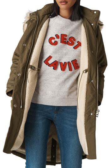 Women's Whistles Megan Casual Coat With Faux Fur Trim & Lining - Green