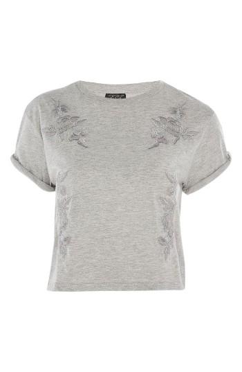 Women's Topshop Embroidered Crop Tee Us (fits Like 2-4) - Grey