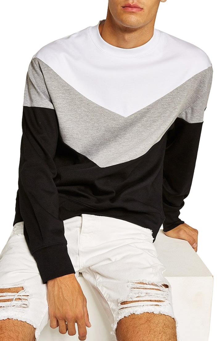 Men's Topman Chevron Colorblock Sweatshirt, Size - Black