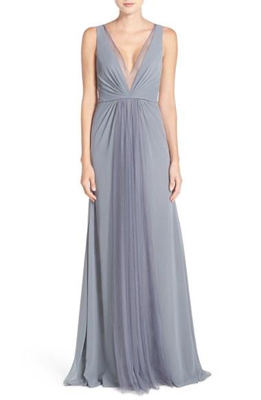 Women's Monique Lhuillier Bridesmaids Deep V-neck Chiffon & Tulle Gown - Metallic