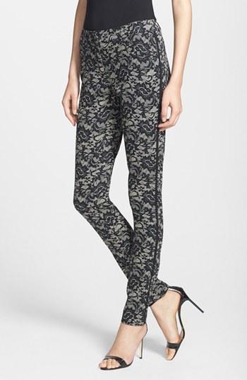 Nicole Miller Lace Print Twill Tuxedo Pants Womens Oyster