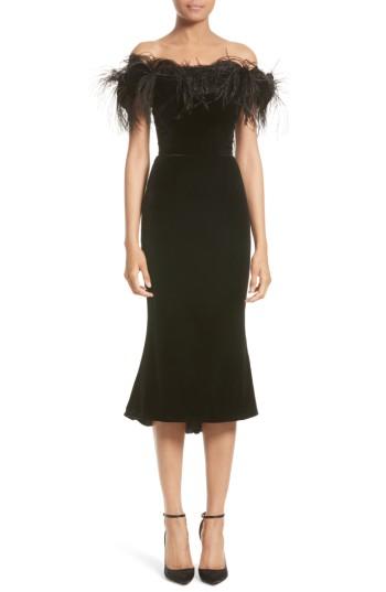 Women's Marchesa Feather Off The Shoulder Velvet Silk Blend Dress - Black