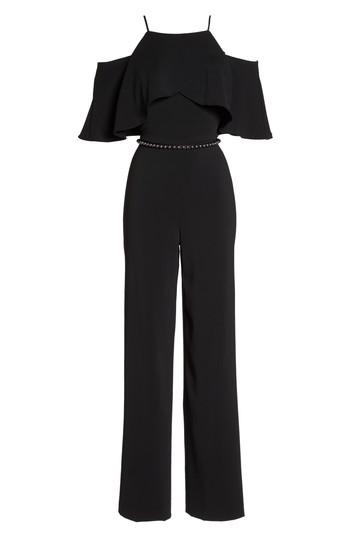 Women's Badgley Mischka Belted Off The Shoulder Popover Crepe Jumpsuit - Black