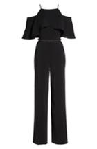 Women's Badgley Mischka Belted Off The Shoulder Popover Crepe Jumpsuit - Black