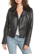 Women's Coffee Shop Textured Faux Leather Jacket With Removable Faux Fur Trim