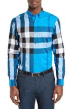 Men's Burberry Exploded Check Sport Shirt, Size - Blue