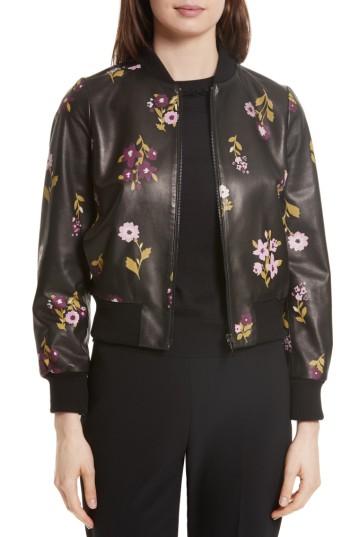 Women's Kate Spade New York In Bloom Leather Bomber Jacket - Black
