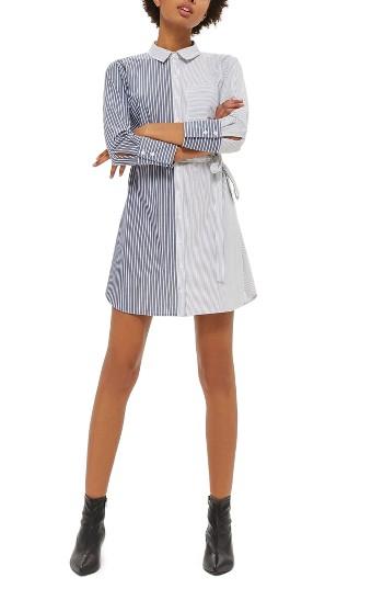 Women's Topshop Mix Stripe Wrap Back Shirtdress Us (fits Like 0) - Blue