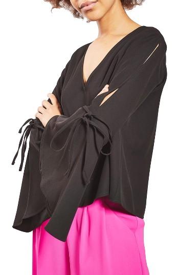 Women's Topshop Tie Trumpet Sleeve Top Us (fits Like 0) - Black