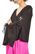 Women's Topshop Tie Trumpet Sleeve Top Us (fits Like 0) - Black