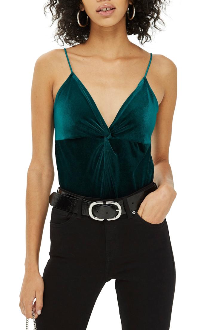 Women's Topshop Velvet Front Knot Bodysuit Us (fits Like 14) - Green
