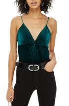 Women's Topshop Velvet Front Knot Bodysuit Us (fits Like 14) - Green