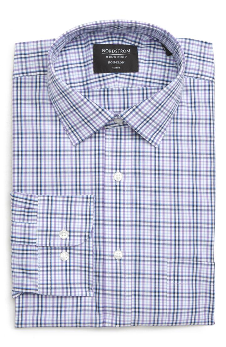 Men's Nordstrom Men's Shop Non-iron Trim Fit Plaid Dress Shirt - 32/33 - Purple