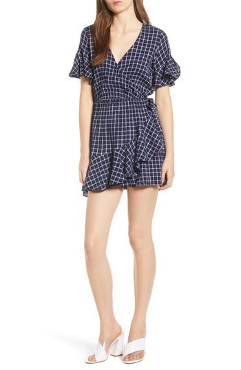 Women's Bp. Glen Plaid Wrap Style Romper, Size - Blue