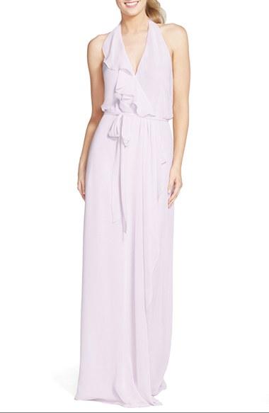 Women's Nouvelle Amsale 'erica' Ruffle Chiffon Halter Neck Wrap Gown, Size - Blue