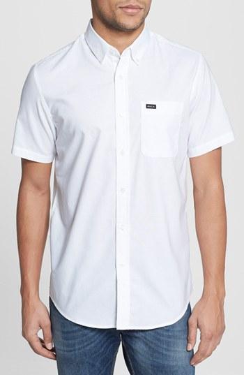Men's Rvca 'that'll Do' Slim Fit Short Sleeve Oxford Shirt - White