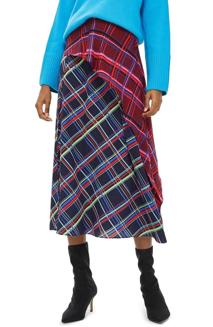 Women's Topshop Clan Clash Check Midi Skirt Us (fits Like 0) - Blue