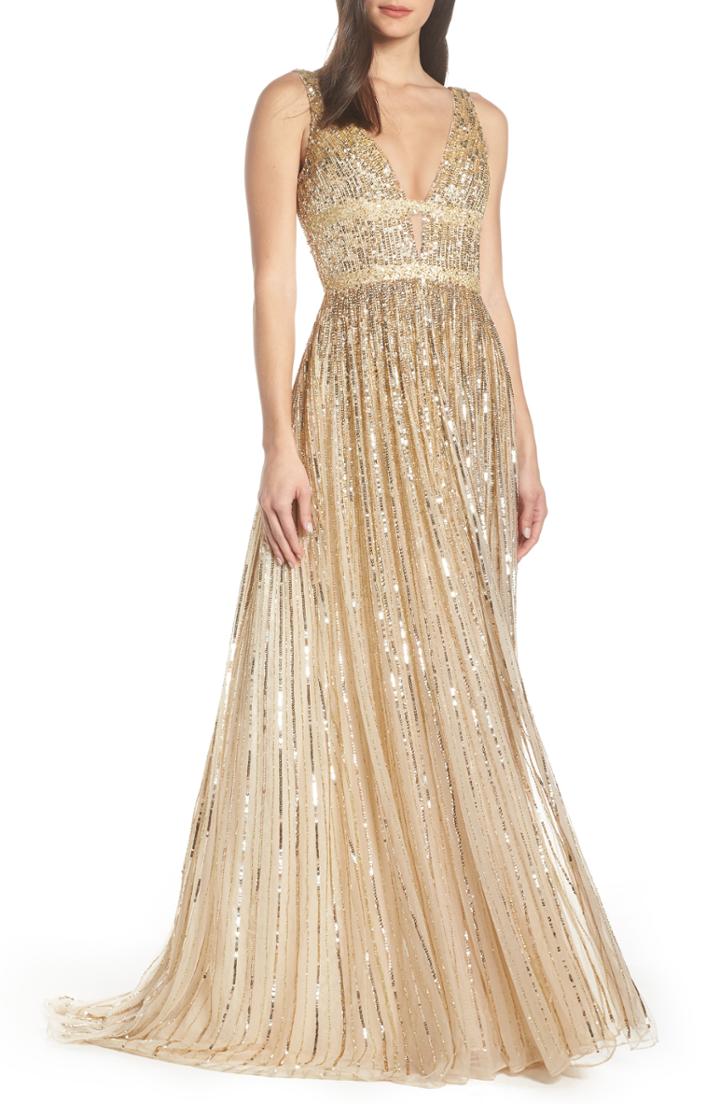 Women's Mac Duggal Deep V-neck Sequin Stripe Gown - Metallic
