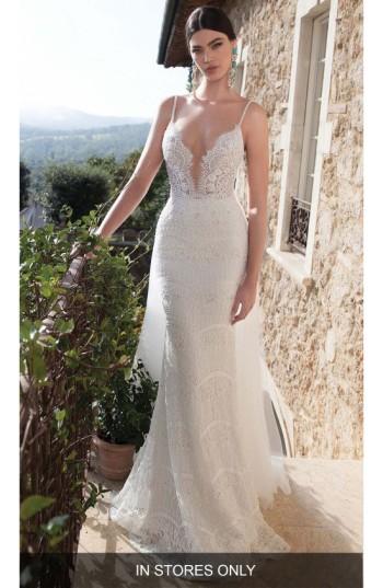 Women's Berta Embellished Lace Column Gown With Detachable Train, Size - White