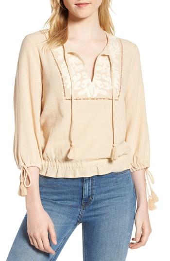 Women's Lucky Brand Embroidered Cotton Tassel Top - Beige