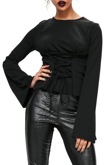 Women's Missguided Corset Detail Flare Sleeve Top Us / 6 Uk - Black