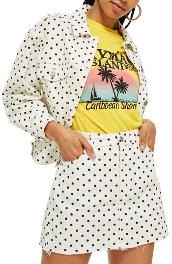 Women's Topshop Moto Polka Dot Crop Nonstretch Denim Jacket Us (fits Like 0) - White